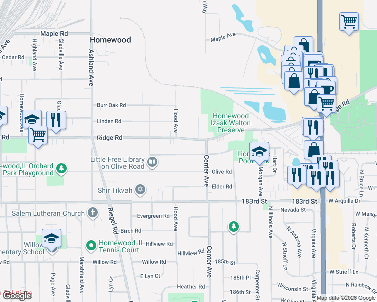 map of restaurants, bars, coffee shops, grocery stores, and more near 1252 Hickory Road in Homewood