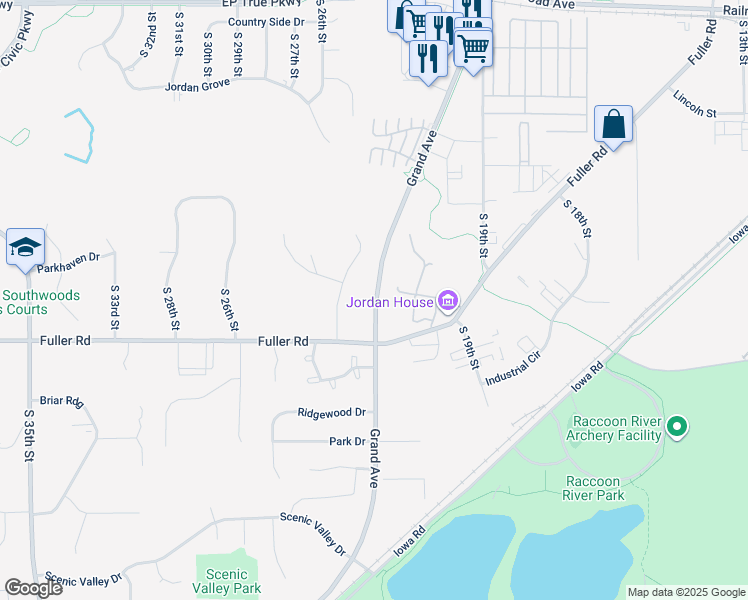 map of restaurants, bars, coffee shops, grocery stores, and more near 600 Grand Oaks Drive in West Des Moines