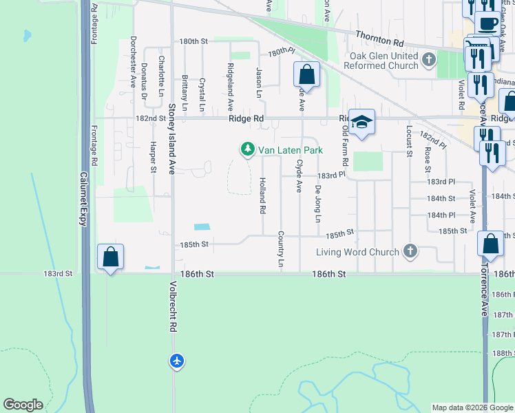 map of restaurants, bars, coffee shops, grocery stores, and more near 18416 Holland Road in Lansing