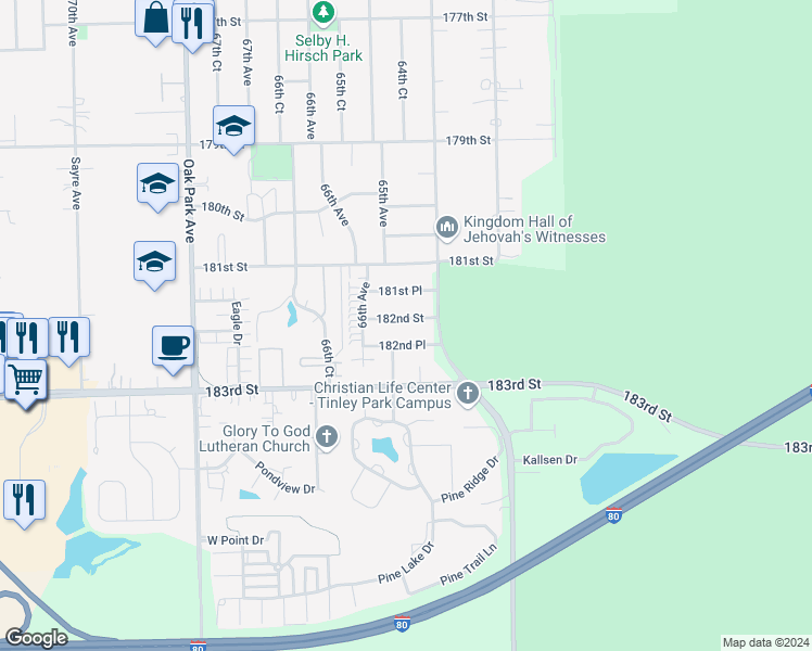 map of restaurants, bars, coffee shops, grocery stores, and more near 6425 182nd Street in Tinley Park