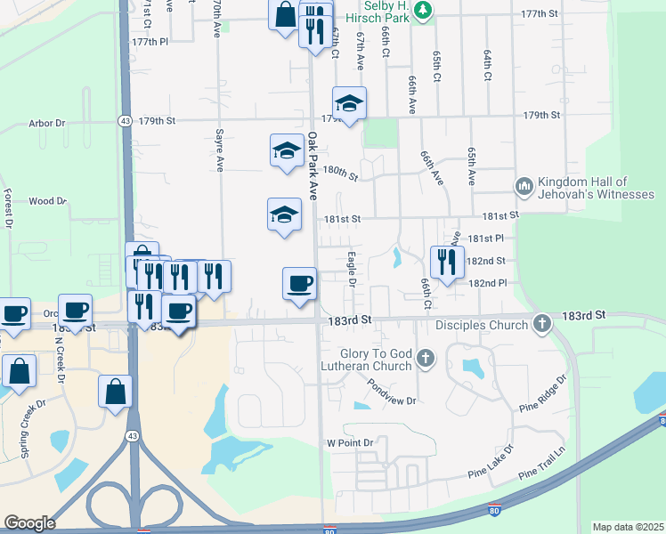 map of restaurants, bars, coffee shops, grocery stores, and more near 6736 White Tailed Lane in Tinley Park