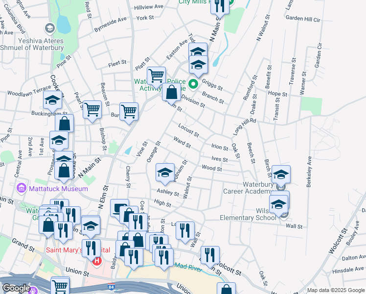 map of restaurants, bars, coffee shops, grocery stores, and more near 54 Ward Street in Waterbury