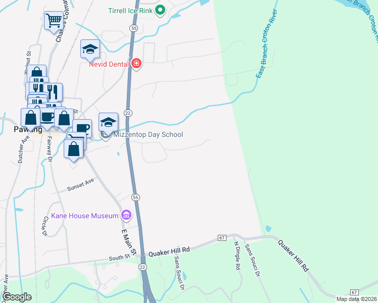 map of restaurants, bars, coffee shops, grocery stores, and more near 22 Oak Shadow Lane in Pawling