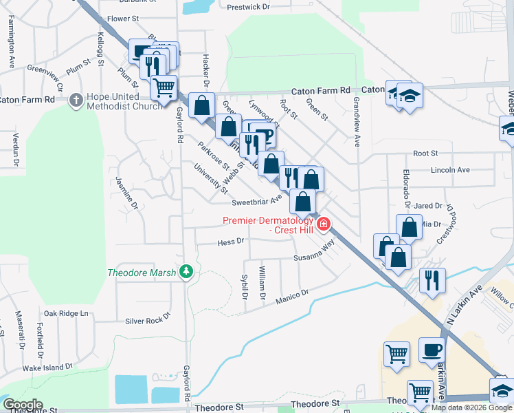 map of restaurants, bars, coffee shops, grocery stores, and more near 2221 Sweetbriar Avenue in Crest Hill