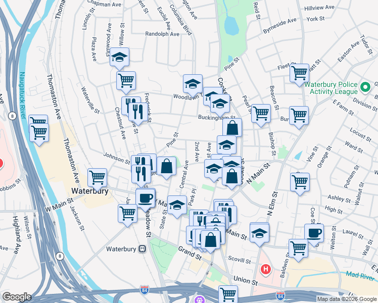 map of restaurants, bars, coffee shops, grocery stores, and more near 124 Central Avenue in Waterbury