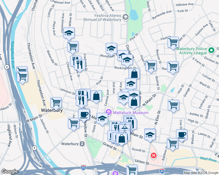 map of restaurants, bars, coffee shops, grocery stores, and more near 17 2nd Avenue in Waterbury