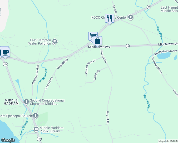 map of restaurants, bars, coffee shops, grocery stores, and more near 55 Charles Mary Drive in East Hampton