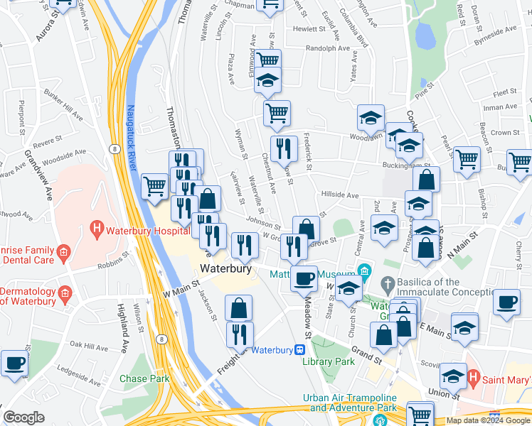 map of restaurants, bars, coffee shops, grocery stores, and more near 14 Waterville Street in Waterbury