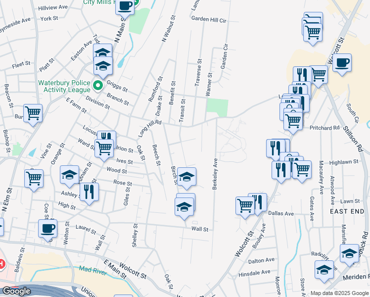 map of restaurants, bars, coffee shops, grocery stores, and more near 61 Sumac Street in Waterbury