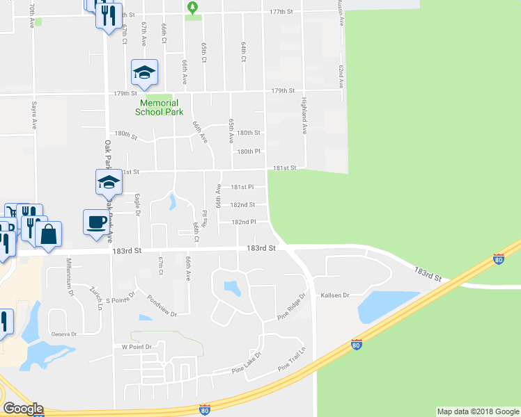 map of restaurants, bars, coffee shops, grocery stores, and more near 6401 182nd Street in Tinley Park