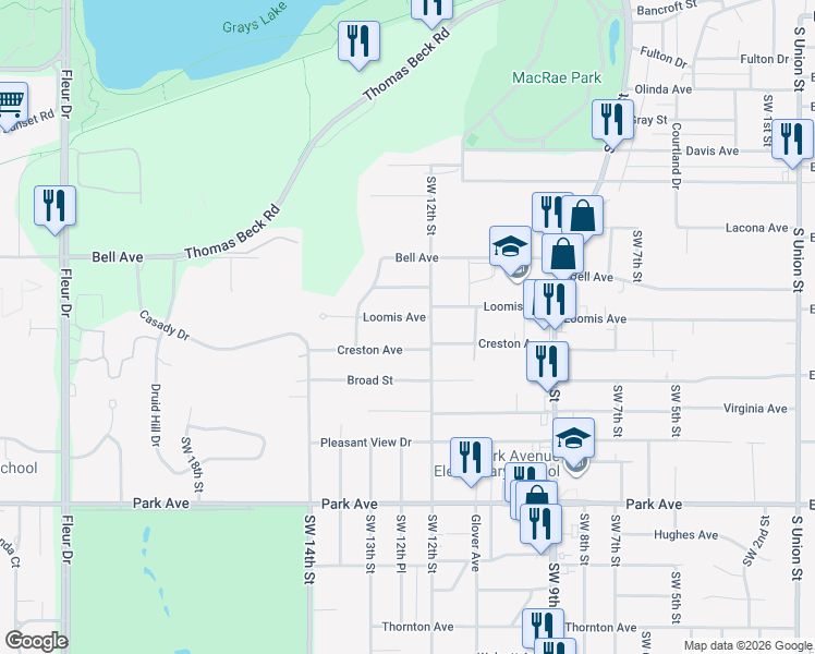 map of restaurants, bars, coffee shops, grocery stores, and more near 1216 Loomis Avenue in Des Moines