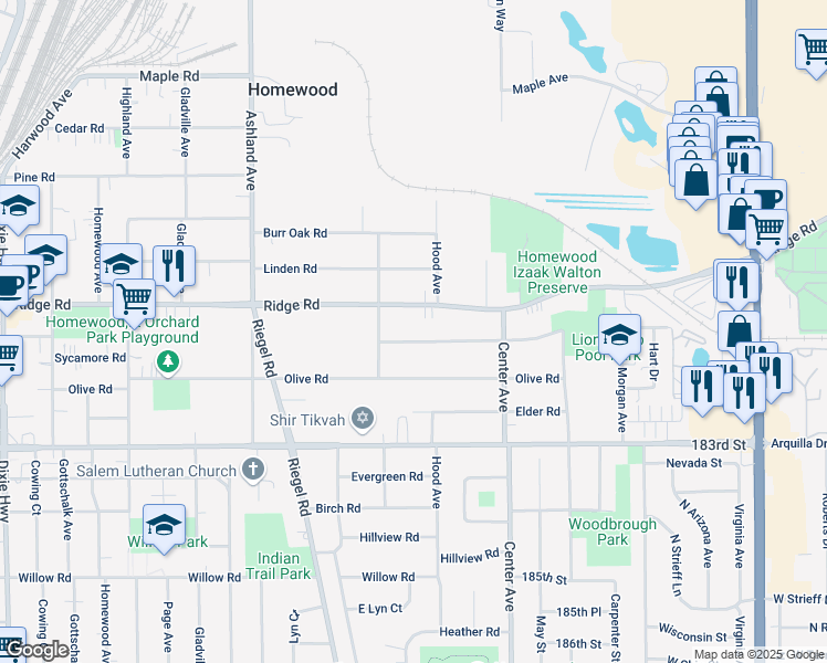 map of restaurants, bars, coffee shops, grocery stores, and more near 1328 Hickory Road in Homewood