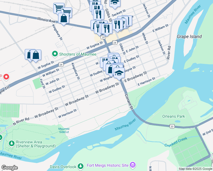 map of restaurants, bars, coffee shops, grocery stores, and more near 205 W Broadway St in Maumee