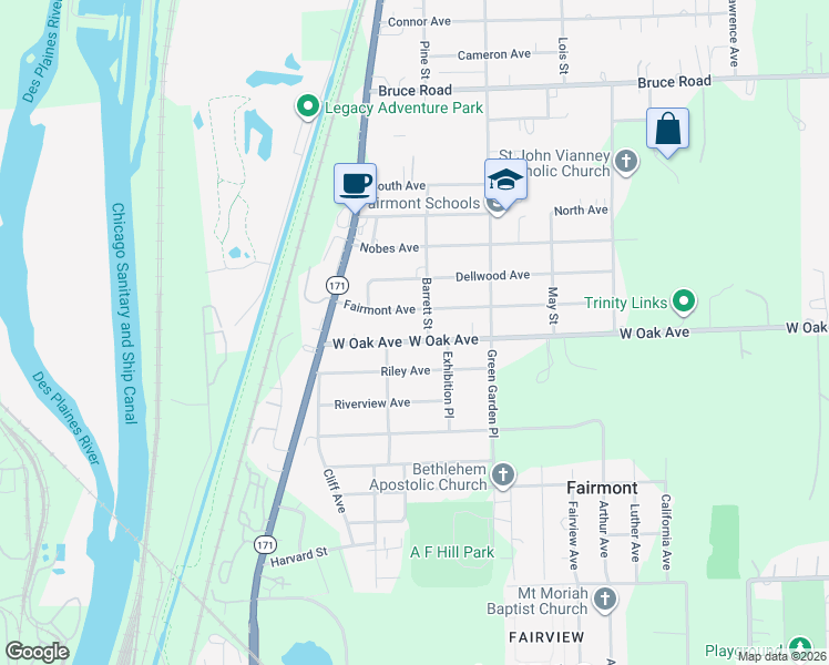 map of restaurants, bars, coffee shops, grocery stores, and more near 133 West Oak Avenue in Lockport
