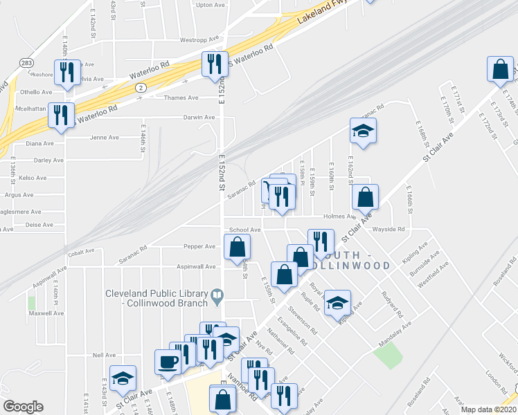 map of restaurants, bars, coffee shops, grocery stores, and more near 15519 Holmes Ave in Cleveland