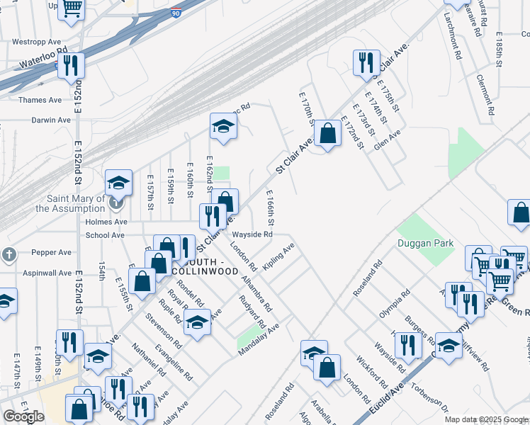 map of restaurants, bars, coffee shops, grocery stores, and more near 16530 Saint Clair Avenue in Cleveland