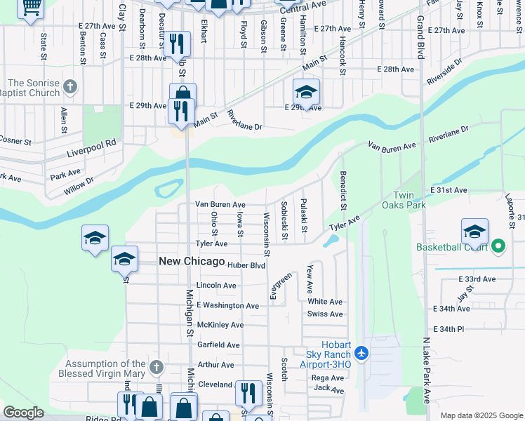 map of restaurants, bars, coffee shops, grocery stores, and more near 429 Van Buren Avenue in New Chicago