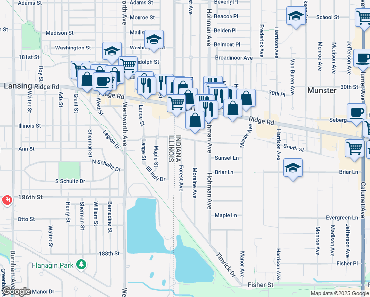 map of restaurants, bars, coffee shops, grocery stores, and more near 8422 Forest Avenue in Munster