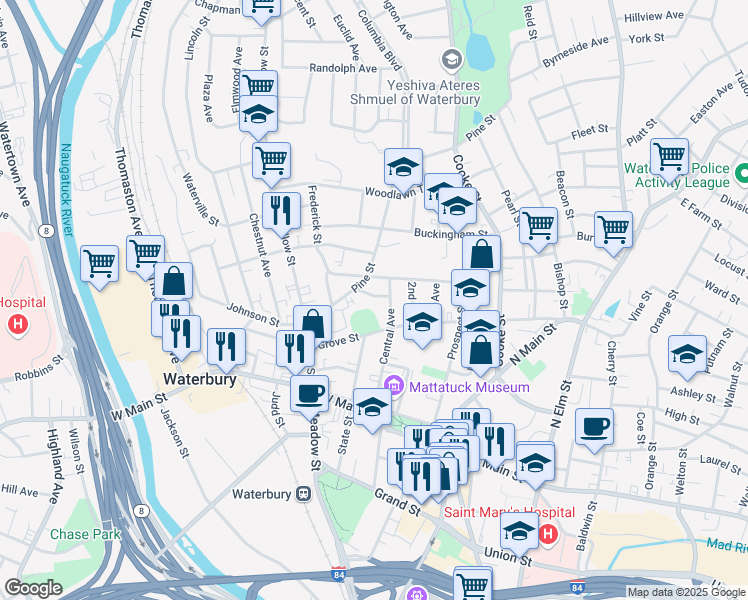 map of restaurants, bars, coffee shops, grocery stores, and more near 2 Glenridge Street in Waterbury