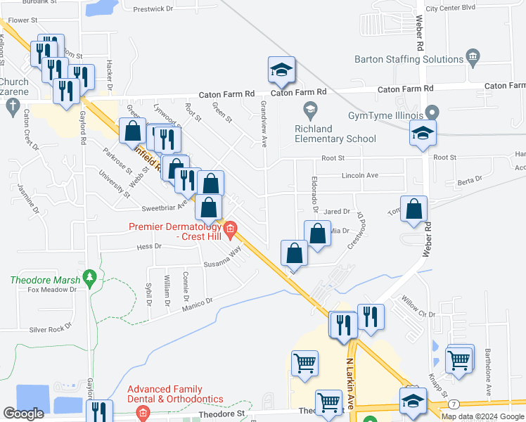 map of restaurants, bars, coffee shops, grocery stores, and more near 2107 Grandview Avenue in Crest Hill