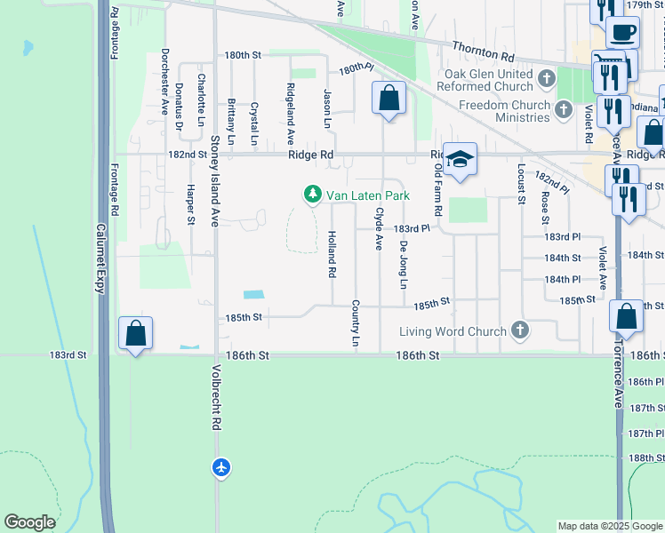 map of restaurants, bars, coffee shops, grocery stores, and more near Holland Road in Lansing