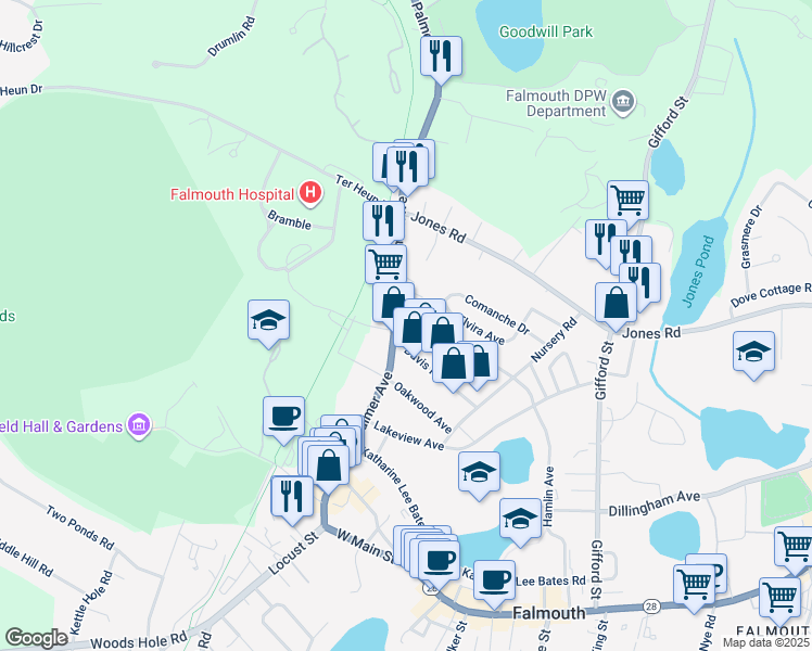 map of restaurants, bars, coffee shops, grocery stores, and more near 285 Palmer Avenue in Falmouth