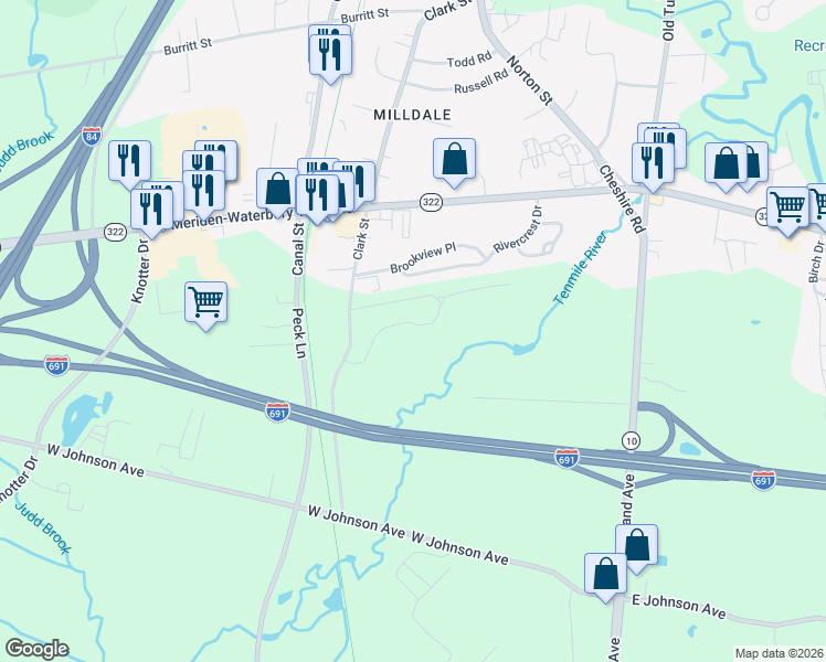 map of restaurants, bars, coffee shops, grocery stores, and more near 54 Brookview Place in Southington