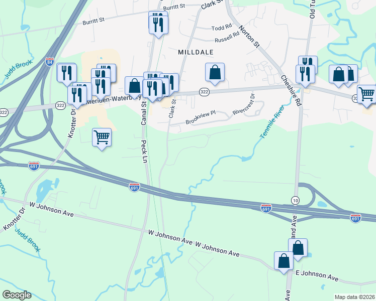 map of restaurants, bars, coffee shops, grocery stores, and more near 352 Clark Street in Southington