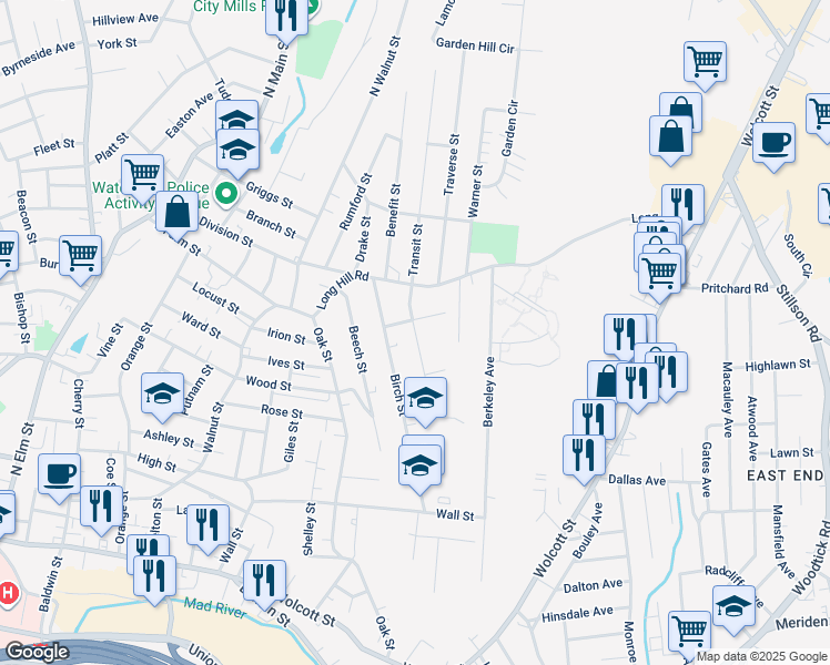 map of restaurants, bars, coffee shops, grocery stores, and more near 69 Birch Street in Waterbury