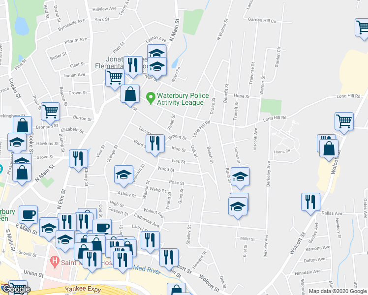 map of restaurants, bars, coffee shops, grocery stores, and more near 28 Irion Street in Waterbury