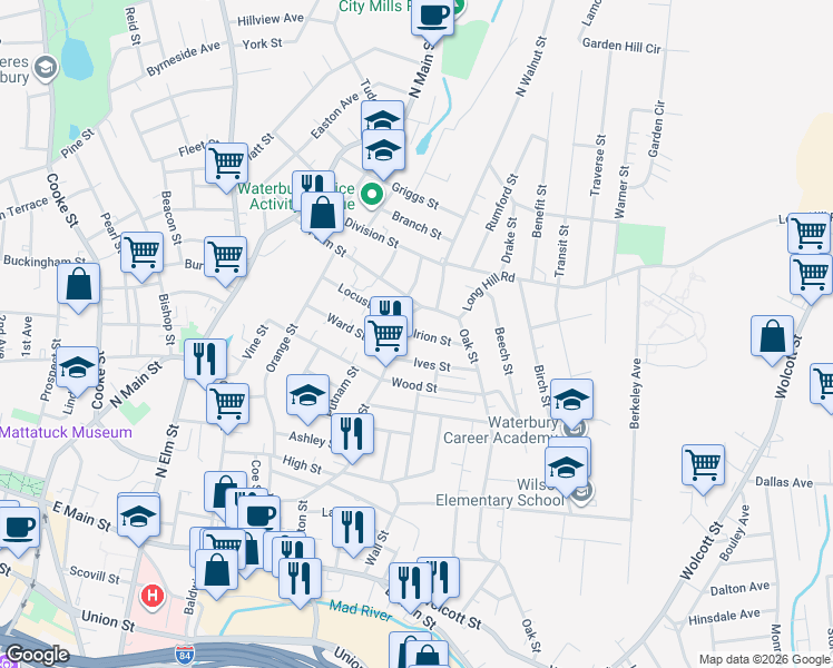 map of restaurants, bars, coffee shops, grocery stores, and more near 28 Irion Street in Waterbury