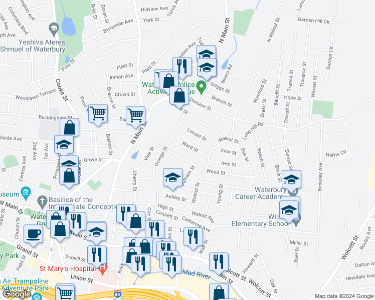 map of restaurants, bars, coffee shops, grocery stores, and more near 54 Ward Street in Waterbury