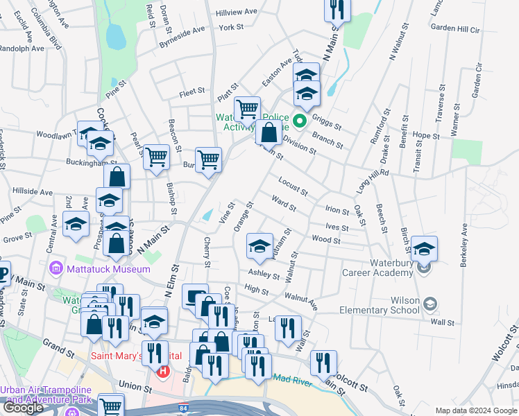 map of restaurants, bars, coffee shops, grocery stores, and more near 48 Wood Street in Waterbury