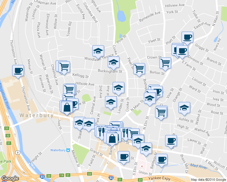 map of restaurants, bars, coffee shops, grocery stores, and more near 12 1st Avenue in Waterbury