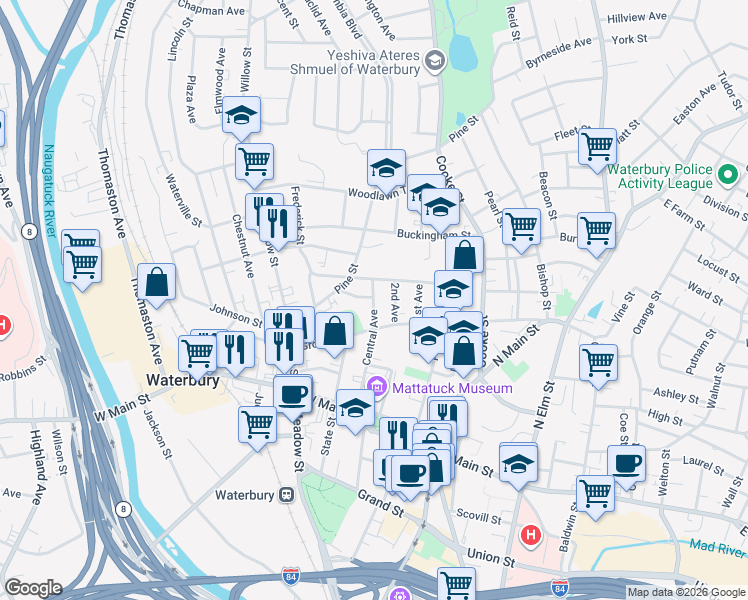 map of restaurants, bars, coffee shops, grocery stores, and more near 2 Glenridge Street in Waterbury