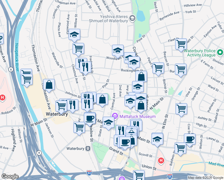 map of restaurants, bars, coffee shops, grocery stores, and more near 2 Glenridge Street in Waterbury