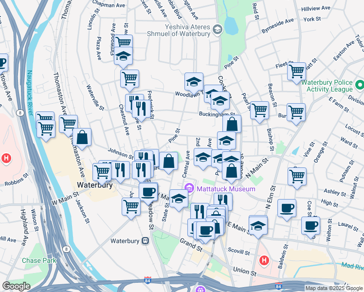 map of restaurants, bars, coffee shops, grocery stores, and more near 2 Glenridge Street in Waterbury