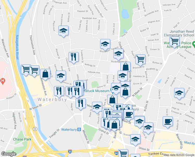map of restaurants, bars, coffee shops, grocery stores, and more near 2 Glenridge Street in Waterbury