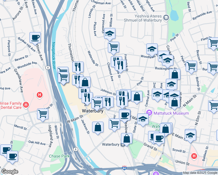 map of restaurants, bars, coffee shops, grocery stores, and more near 23 Chestnut Avenue in Waterbury
