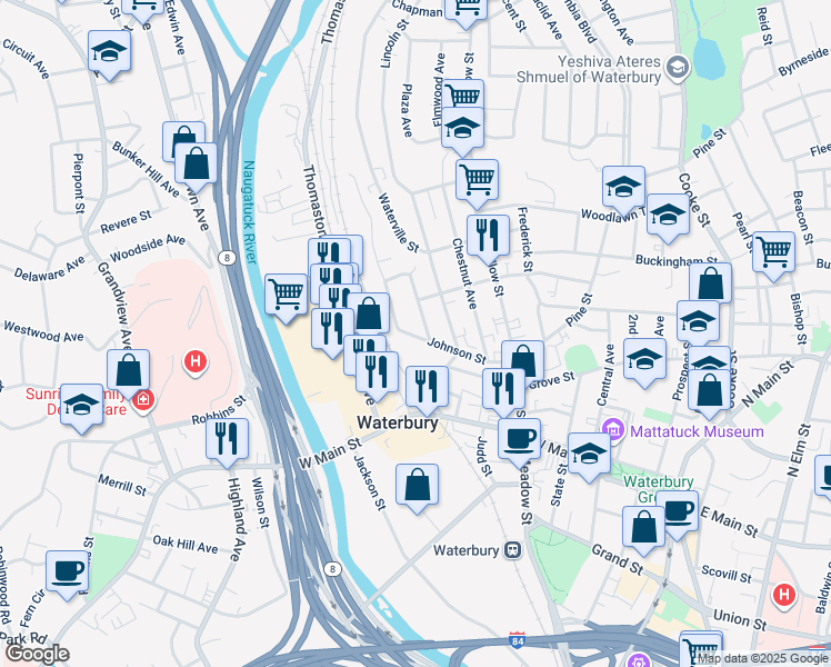 map of restaurants, bars, coffee shops, grocery stores, and more near 95 Johnson Street in Waterbury