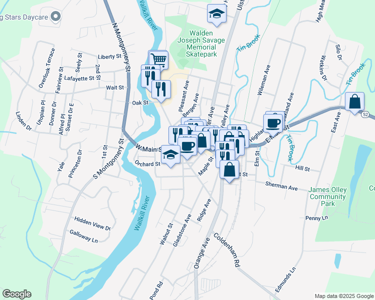map of restaurants, bars, coffee shops, grocery stores, and more near 11 Walnut Street in Walden