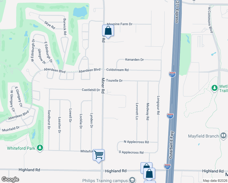 map of restaurants, bars, coffee shops, grocery stores, and more near 6197 Diana Court in Highland Heights