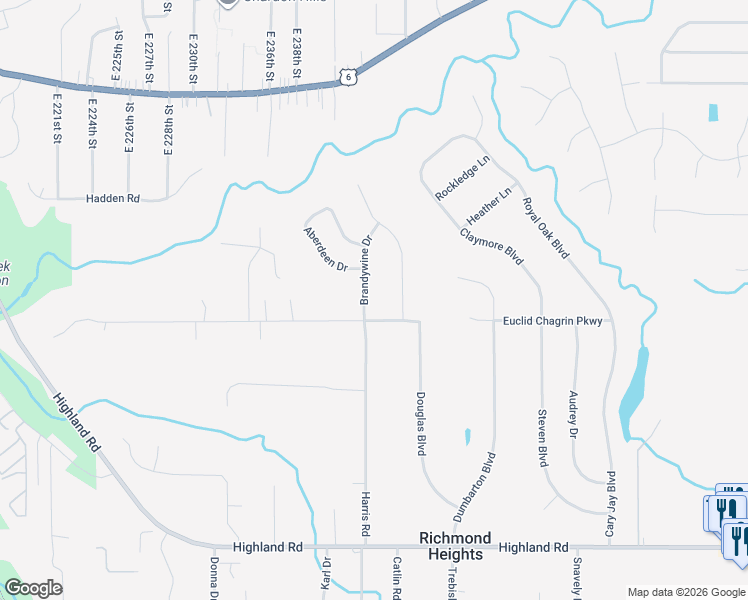map of restaurants, bars, coffee shops, grocery stores, and more near 23941 Euclid Chagrin Parkway in Richmond Heights