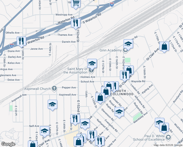 map of restaurants, bars, coffee shops, grocery stores, and more near 15519 Holmes Avenue in Cleveland