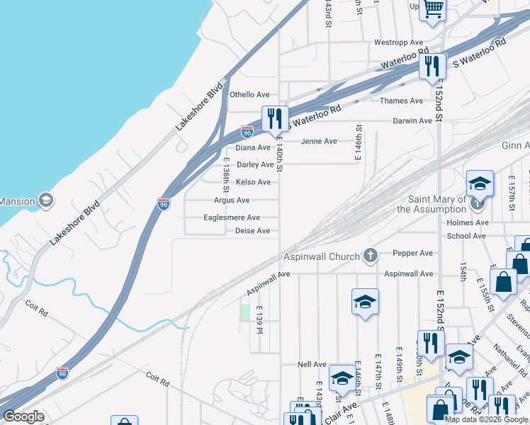 map of restaurants, bars, coffee shops, grocery stores, and more near 13804 Eaglesmere Avenue in Cleveland