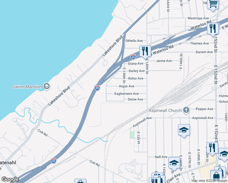 map of restaurants, bars, coffee shops, grocery stores, and more near 13420 Eaglesmere Avenue in Cleveland