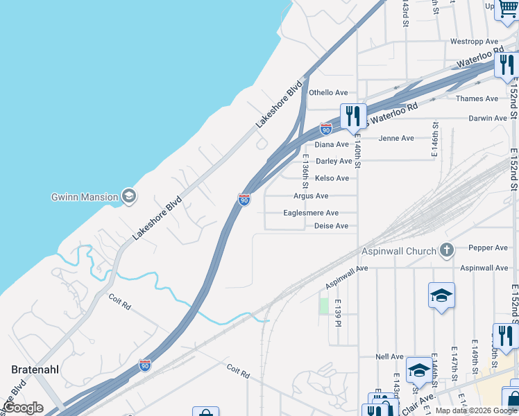 map of restaurants, bars, coffee shops, grocery stores, and more near 13300 Eaglesmere Avenue in Cleveland
