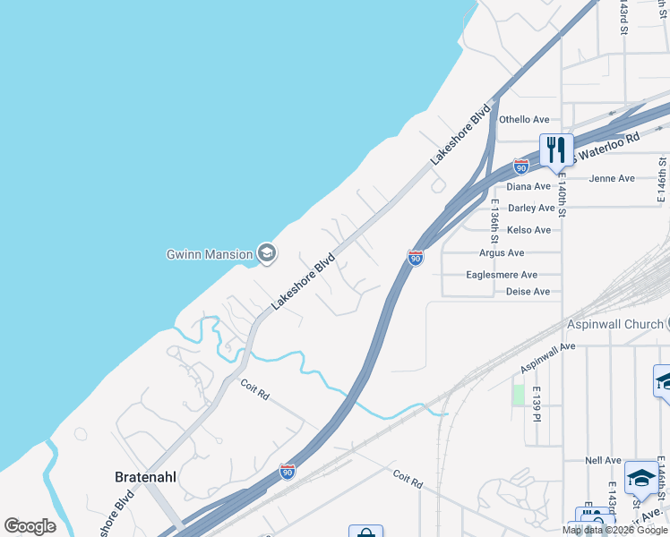 map of restaurants, bars, coffee shops, grocery stores, and more near 42 Oak Shore Drive in Bratenahl