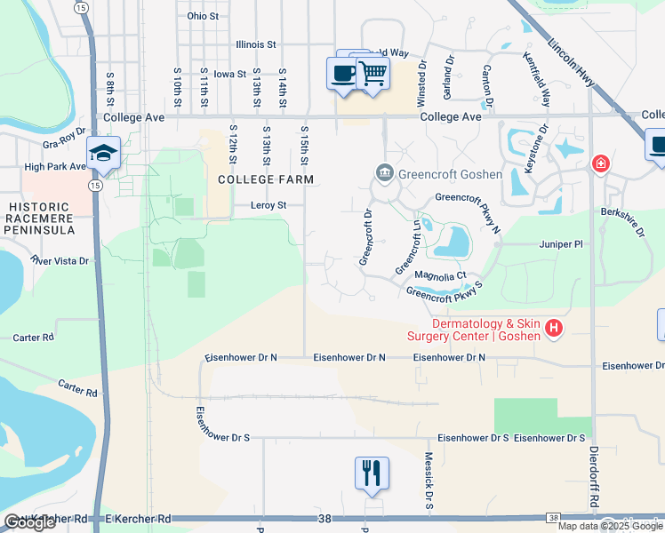 map of restaurants, bars, coffee shops, grocery stores, and more near 1325 Greencroft Drive in Goshen