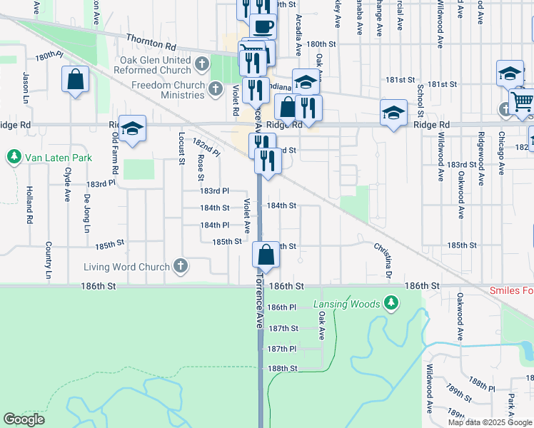 map of restaurants, bars, coffee shops, grocery stores, and more near 18418 Glen Oak Avenue in Lansing